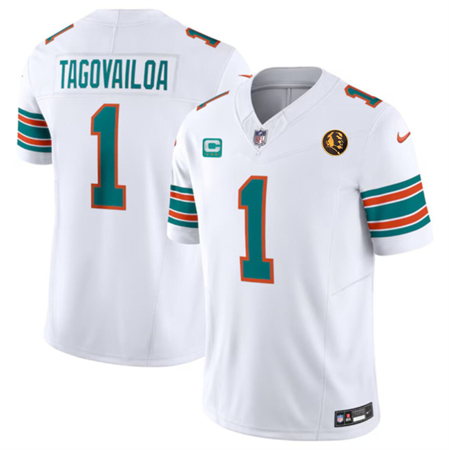 Men's White Miami Dolphins #1 Tua Tagovailoa 2023 F.U.S.E. Alternate With John Madden Patch And 3-Star C Patch Vapor Limited Stitched Football Jersey